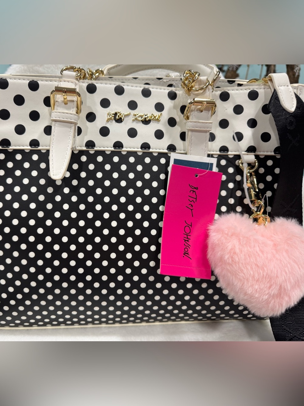 Betsey Johnson Black & White Polka Dot Satchel with Pink Heart Charm